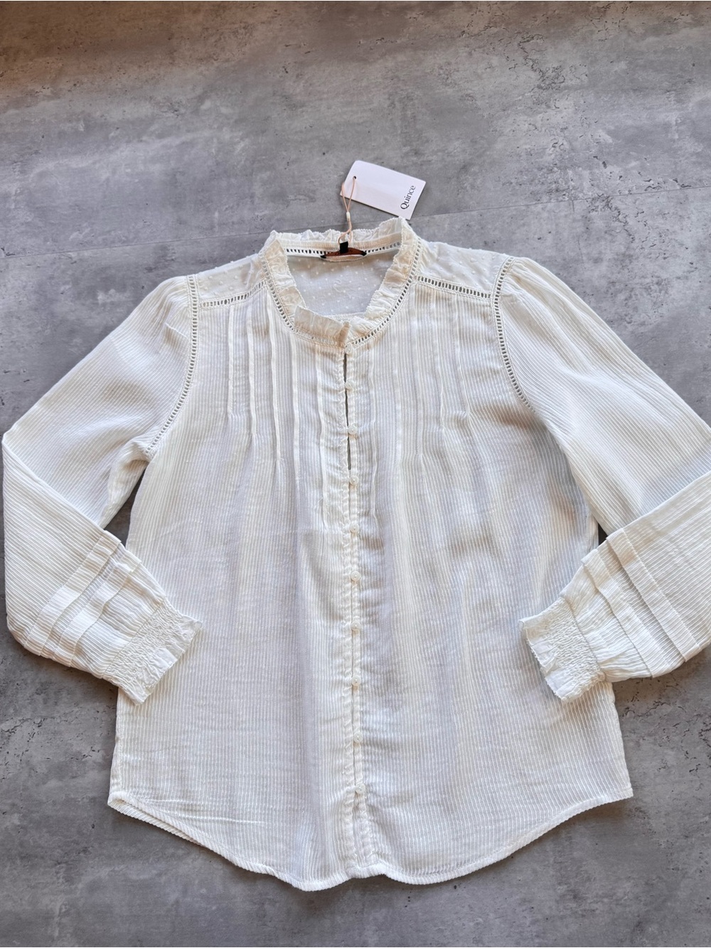 NWT Quince Organic Textured Cotton Peasant Blouse Cream, Size Small